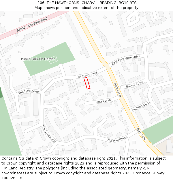 106, THE HAWTHORNS, CHARVIL, READING, RG10 9TS: Location map and indicative extent of plot