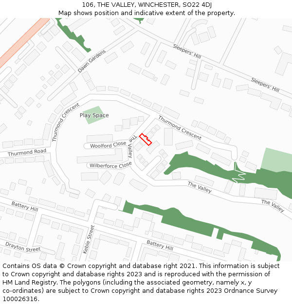 106, THE VALLEY, WINCHESTER, SO22 4DJ: Location map and indicative extent of plot