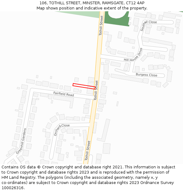 106, TOTHILL STREET, MINSTER, RAMSGATE, CT12 4AP: Location map and indicative extent of plot