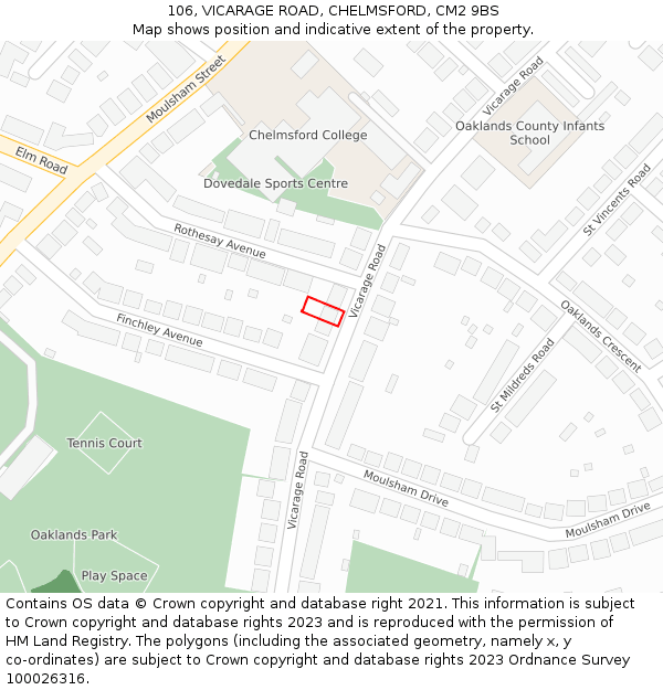 106, VICARAGE ROAD, CHELMSFORD, CM2 9BS: Location map and indicative extent of plot