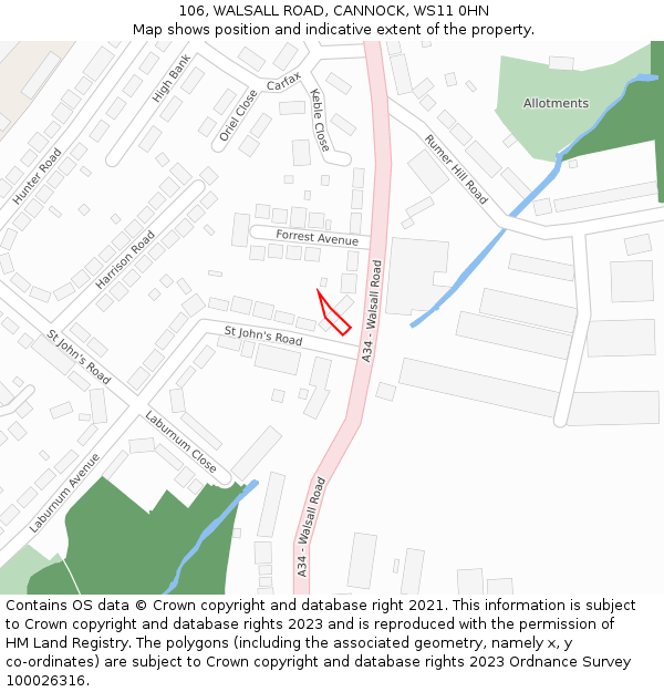 106, WALSALL ROAD, CANNOCK, WS11 0HN: Location map and indicative extent of plot