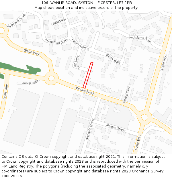 106, WANLIP ROAD, SYSTON, LEICESTER, LE7 1PB: Location map and indicative extent of plot