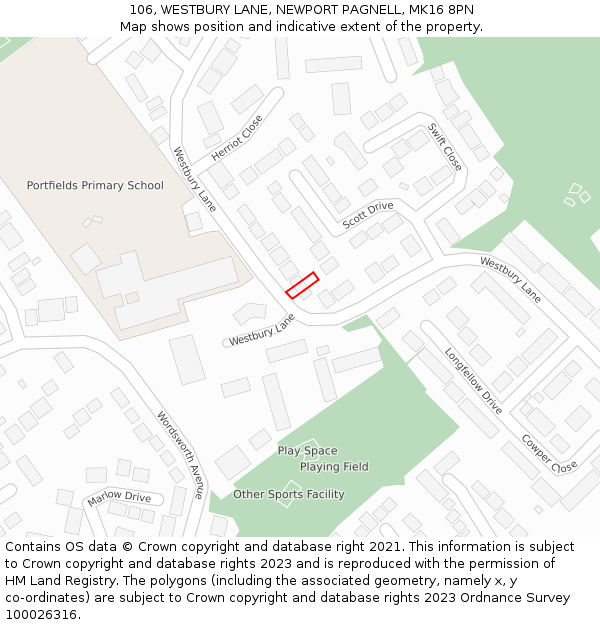 106, WESTBURY LANE, NEWPORT PAGNELL, MK16 8PN: Location map and indicative extent of plot