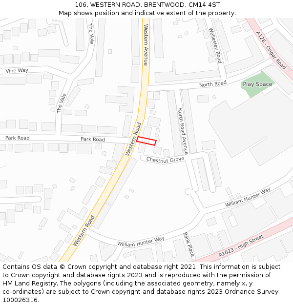 106, WESTERN ROAD, BRENTWOOD, CM14 4ST: Location map and indicative extent of plot