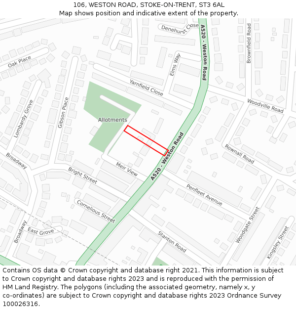 106, WESTON ROAD, STOKE-ON-TRENT, ST3 6AL: Location map and indicative extent of plot
