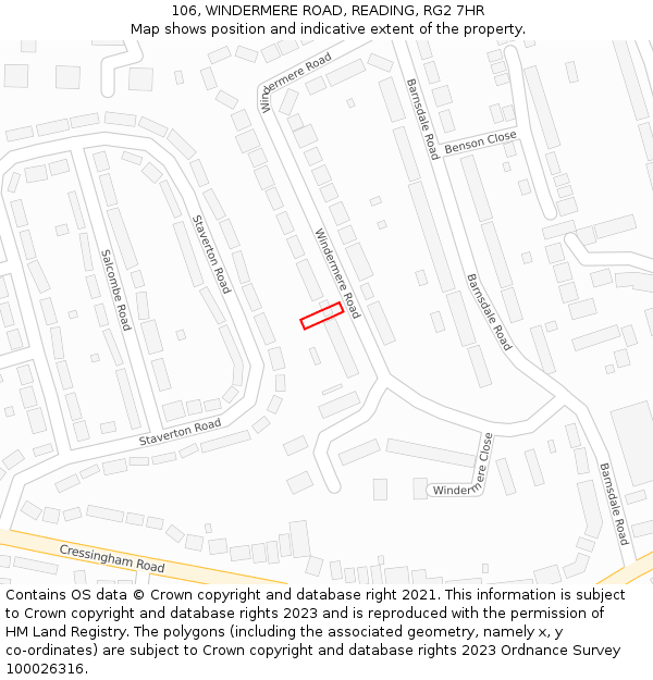 106, WINDERMERE ROAD, READING, RG2 7HR: Location map and indicative extent of plot