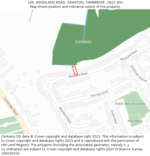 106, WOODLAND ROAD, SAWSTON, CAMBRIDGE, CB22 3DU: Location map and indicative extent of plot