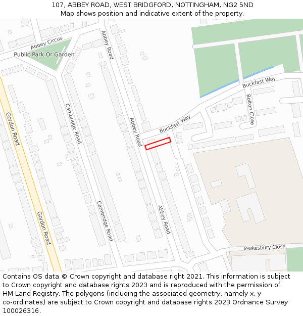 107, ABBEY ROAD, WEST BRIDGFORD, NOTTINGHAM, NG2 5ND: Location map and indicative extent of plot