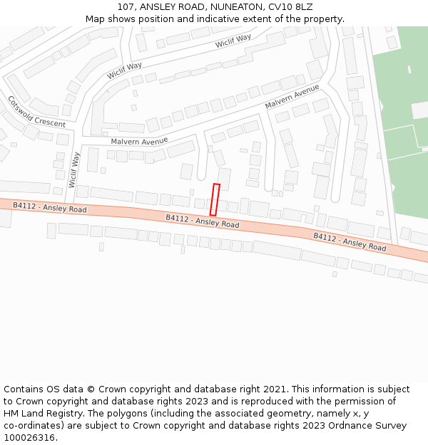 107, ANSLEY ROAD, NUNEATON, CV10 8LZ: Location map and indicative extent of plot