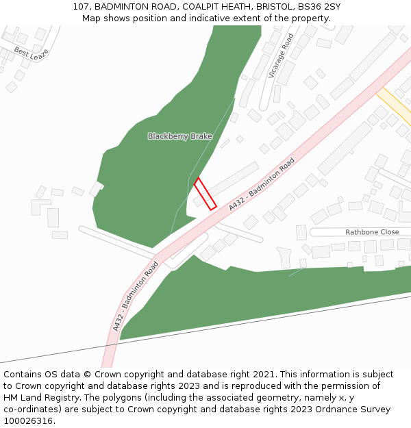 107, BADMINTON ROAD, COALPIT HEATH, BRISTOL, BS36 2SY: Location map and indicative extent of plot