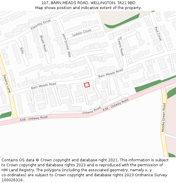 107, BARN MEADS ROAD, WELLINGTON, TA21 9BD: Location map and indicative extent of plot