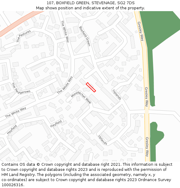 107, BOXFIELD GREEN, STEVENAGE, SG2 7DS: Location map and indicative extent of plot