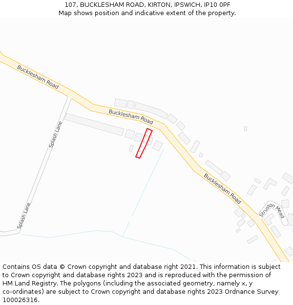 107, BUCKLESHAM ROAD, KIRTON, IPSWICH, IP10 0PF: Location map and indicative extent of plot