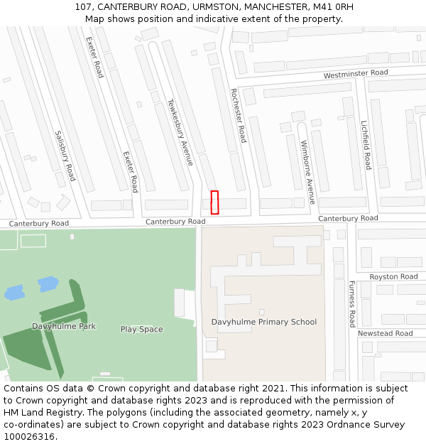 107, CANTERBURY ROAD, URMSTON, MANCHESTER, M41 0RH: Location map and indicative extent of plot