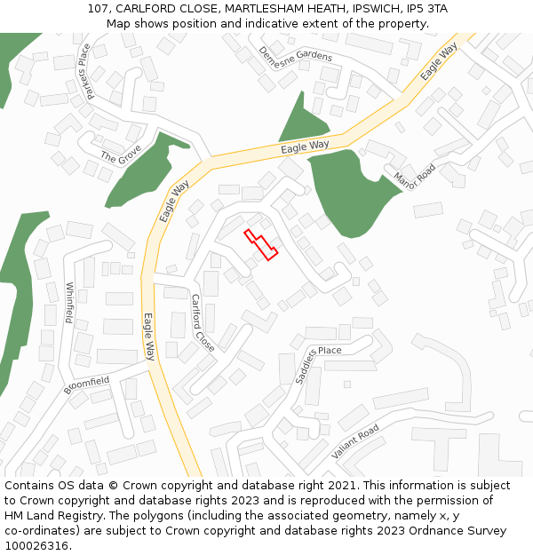 107, CARLFORD CLOSE, MARTLESHAM HEATH, IPSWICH, IP5 3TA: Location map and indicative extent of plot