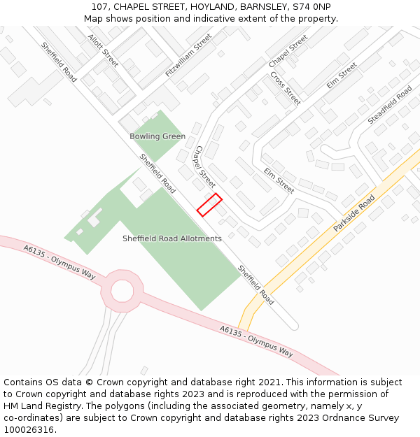 107, CHAPEL STREET, HOYLAND, BARNSLEY, S74 0NP: Location map and indicative extent of plot