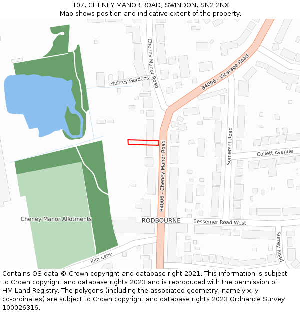 107, CHENEY MANOR ROAD, SWINDON, SN2 2NX: Location map and indicative extent of plot