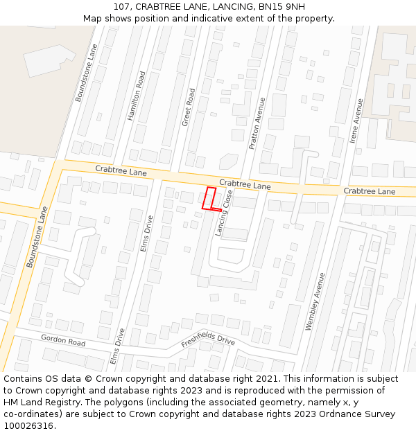 107, CRABTREE LANE, LANCING, BN15 9NH: Location map and indicative extent of plot