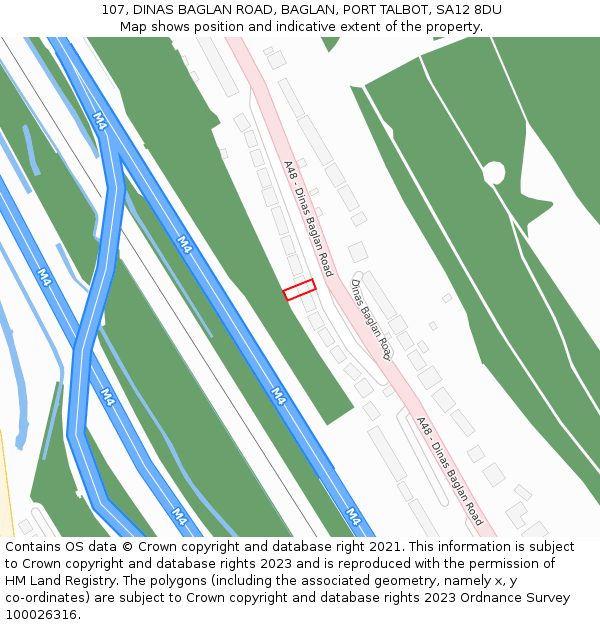 107, DINAS BAGLAN ROAD, BAGLAN, PORT TALBOT, SA12 8DU: Location map and indicative extent of plot