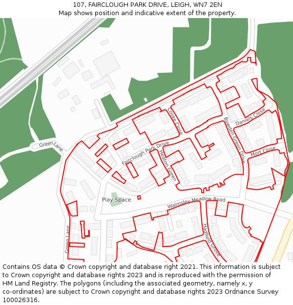 107, FAIRCLOUGH PARK DRIVE, LEIGH, WN7 2EN: Location map and indicative extent of plot