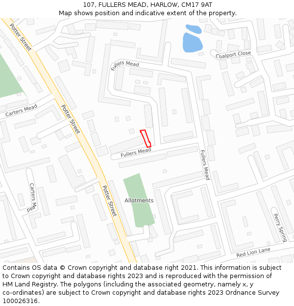 107, FULLERS MEAD, HARLOW, CM17 9AT: Location map and indicative extent of plot