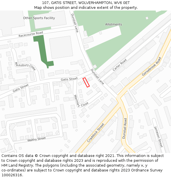 107, GATIS STREET, WOLVERHAMPTON, WV6 0ET: Location map and indicative extent of plot