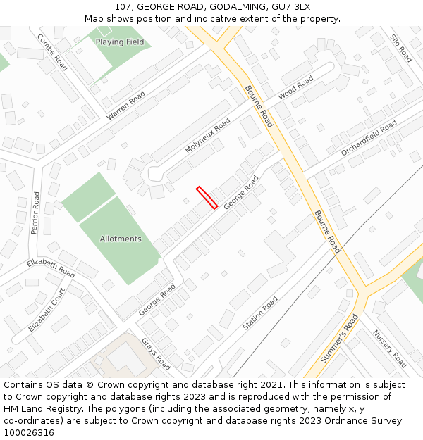 107, GEORGE ROAD, GODALMING, GU7 3LX: Location map and indicative extent of plot
