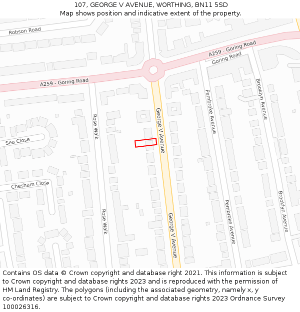 107, GEORGE V AVENUE, WORTHING, BN11 5SD: Location map and indicative extent of plot