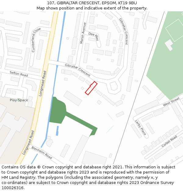 107, GIBRALTAR CRESCENT, EPSOM, KT19 9BU: Location map and indicative extent of plot