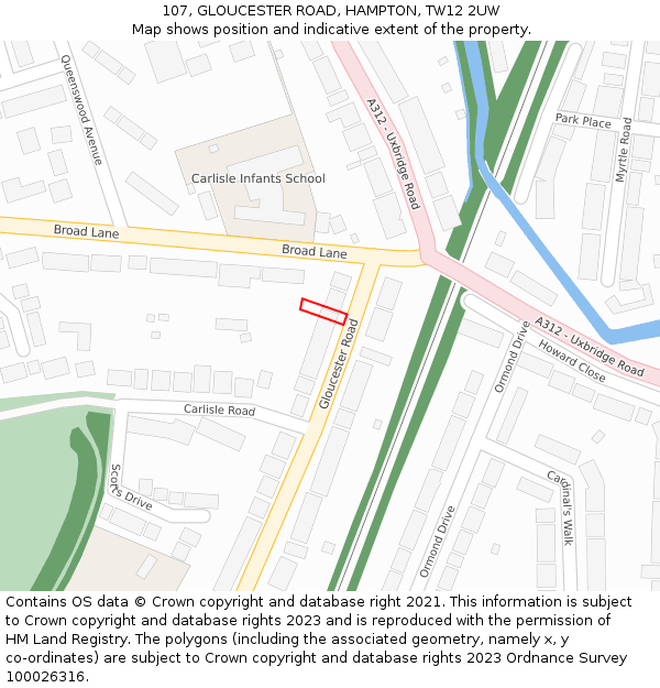 107, GLOUCESTER ROAD, HAMPTON, TW12 2UW: Location map and indicative extent of plot