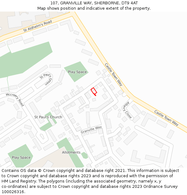 107, GRANVILLE WAY, SHERBORNE, DT9 4AT: Location map and indicative extent of plot