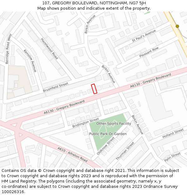 107, GREGORY BOULEVARD, NOTTINGHAM, NG7 5JH: Location map and indicative extent of plot