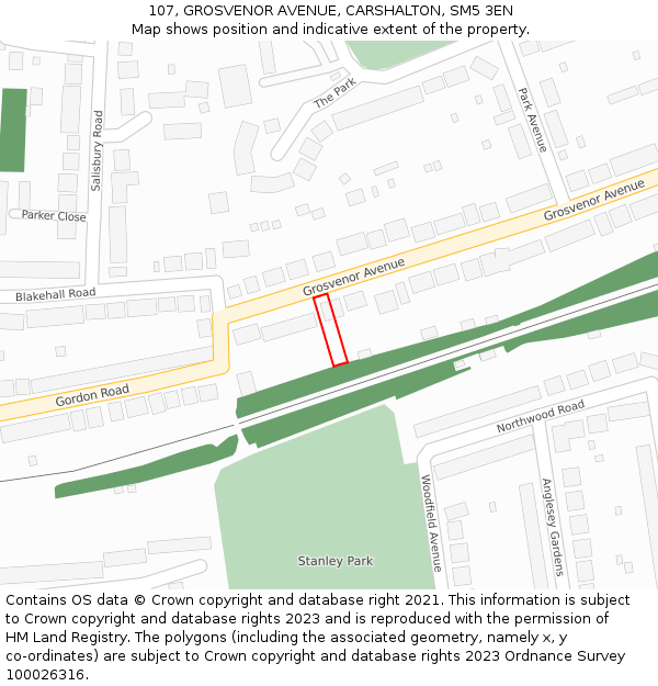 107, GROSVENOR AVENUE, CARSHALTON, SM5 3EN: Location map and indicative extent of plot