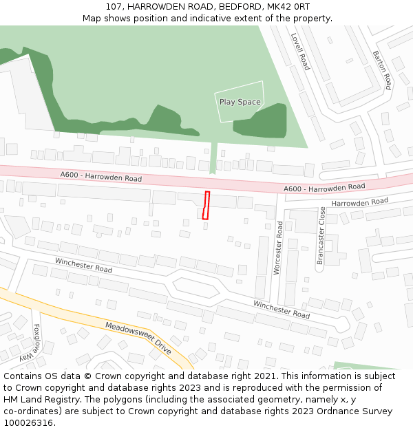 107, HARROWDEN ROAD, BEDFORD, MK42 0RT: Location map and indicative extent of plot