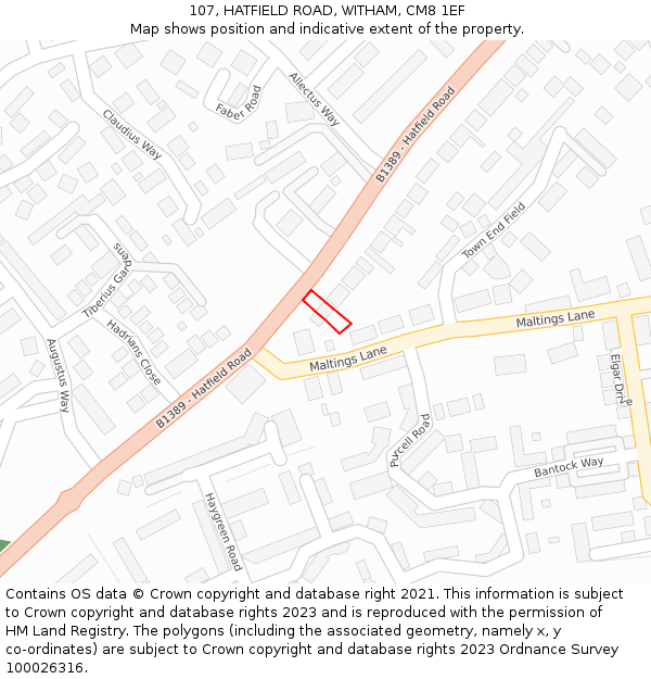 107, HATFIELD ROAD, WITHAM, CM8 1EF: Location map and indicative extent of plot