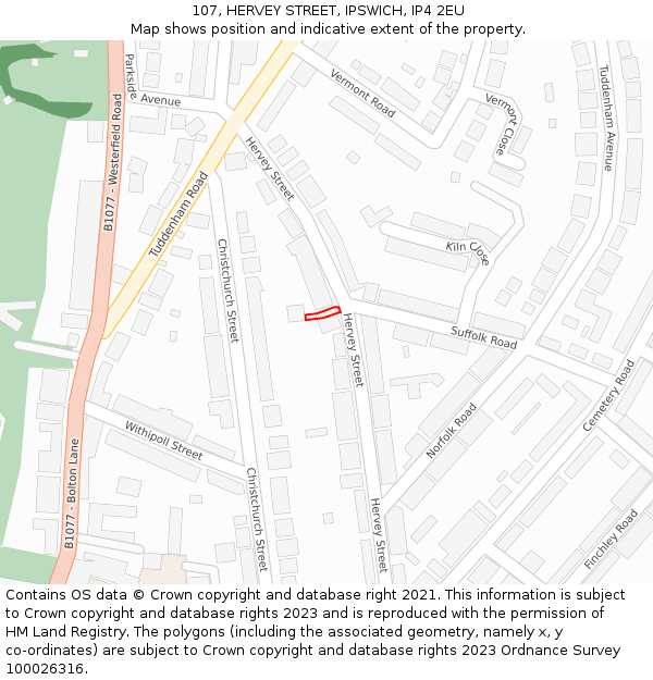 107, HERVEY STREET, IPSWICH, IP4 2EU: Location map and indicative extent of plot