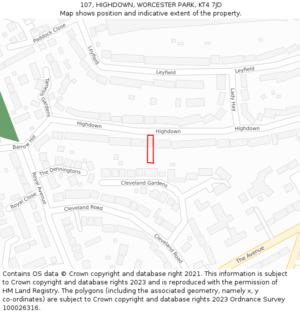 107, HIGHDOWN, WORCESTER PARK, KT4 7JD: Location map and indicative extent of plot