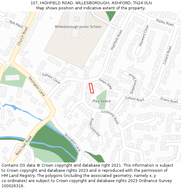 107, HIGHFIELD ROAD, WILLESBOROUGH, ASHFORD, TN24 0LN: Location map and indicative extent of plot