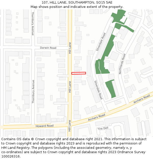 107, HILL LANE, SOUTHAMPTON, SO15 5AE: Location map and indicative extent of plot