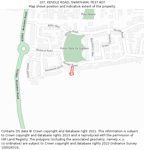107, KENDLE ROAD, SWAFFHAM, PE37 8GT: Location map and indicative extent of plot
