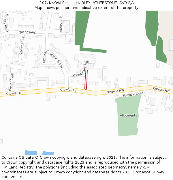 107, KNOWLE HILL, HURLEY, ATHERSTONE, CV9 2JA: Location map and indicative extent of plot