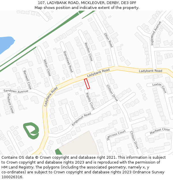 107, LADYBANK ROAD, MICKLEOVER, DERBY, DE3 0PF: Location map and indicative extent of plot