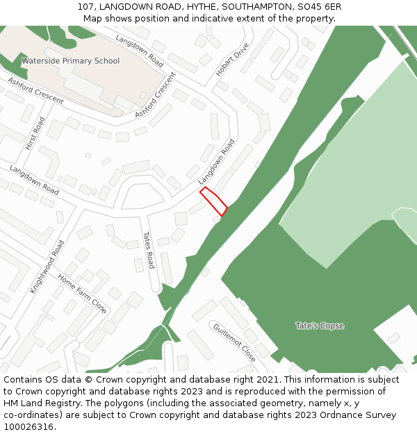 107, LANGDOWN ROAD, HYTHE, SOUTHAMPTON, SO45 6ER: Location map and indicative extent of plot