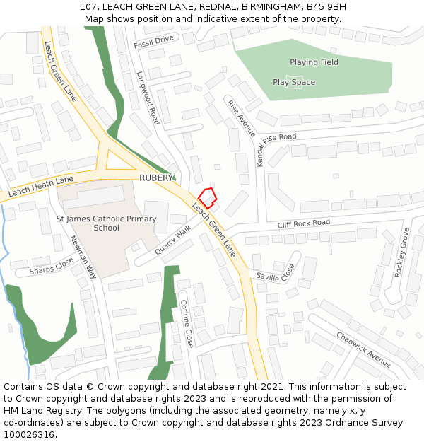 107, LEACH GREEN LANE, REDNAL, BIRMINGHAM, B45 9BH: Location map and indicative extent of plot