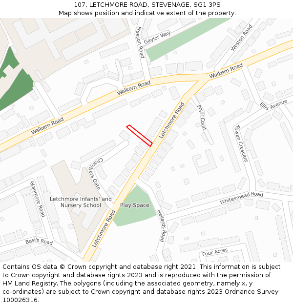 107, LETCHMORE ROAD, STEVENAGE, SG1 3PS: Location map and indicative extent of plot