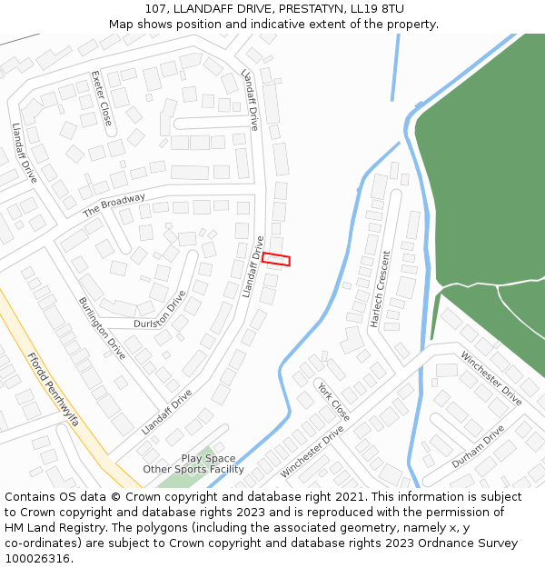 107, LLANDAFF DRIVE, PRESTATYN, LL19 8TU: Location map and indicative extent of plot