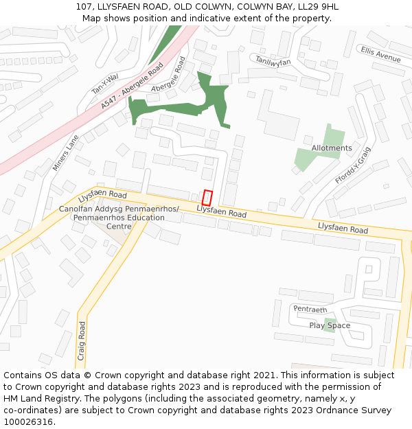 107, LLYSFAEN ROAD, OLD COLWYN, COLWYN BAY, LL29 9HL: Location map and indicative extent of plot