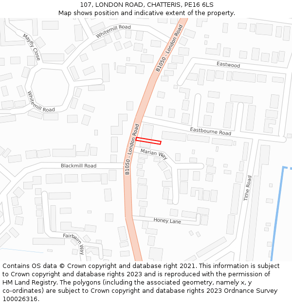 107, LONDON ROAD, CHATTERIS, PE16 6LS: Location map and indicative extent of plot