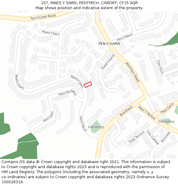 107, MAES Y SARN, PENTYRCH, CARDIFF, CF15 9QR: Location map and indicative extent of plot