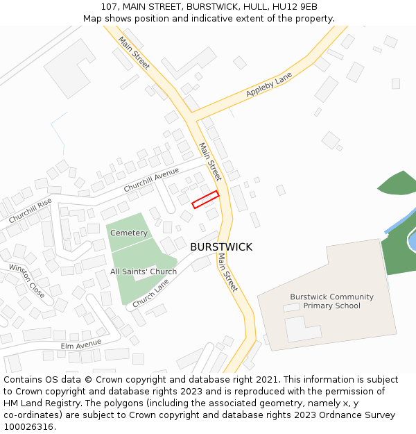 107, MAIN STREET, BURSTWICK, HULL, HU12 9EB: Location map and indicative extent of plot